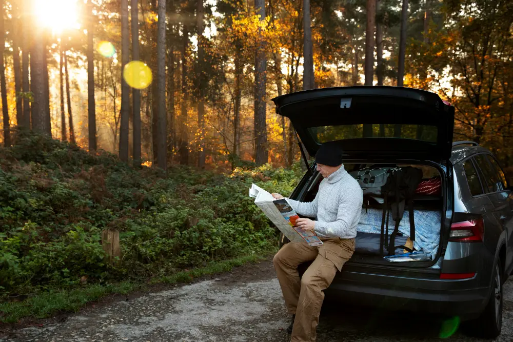 Travelers with an SUV on a scenic roadside